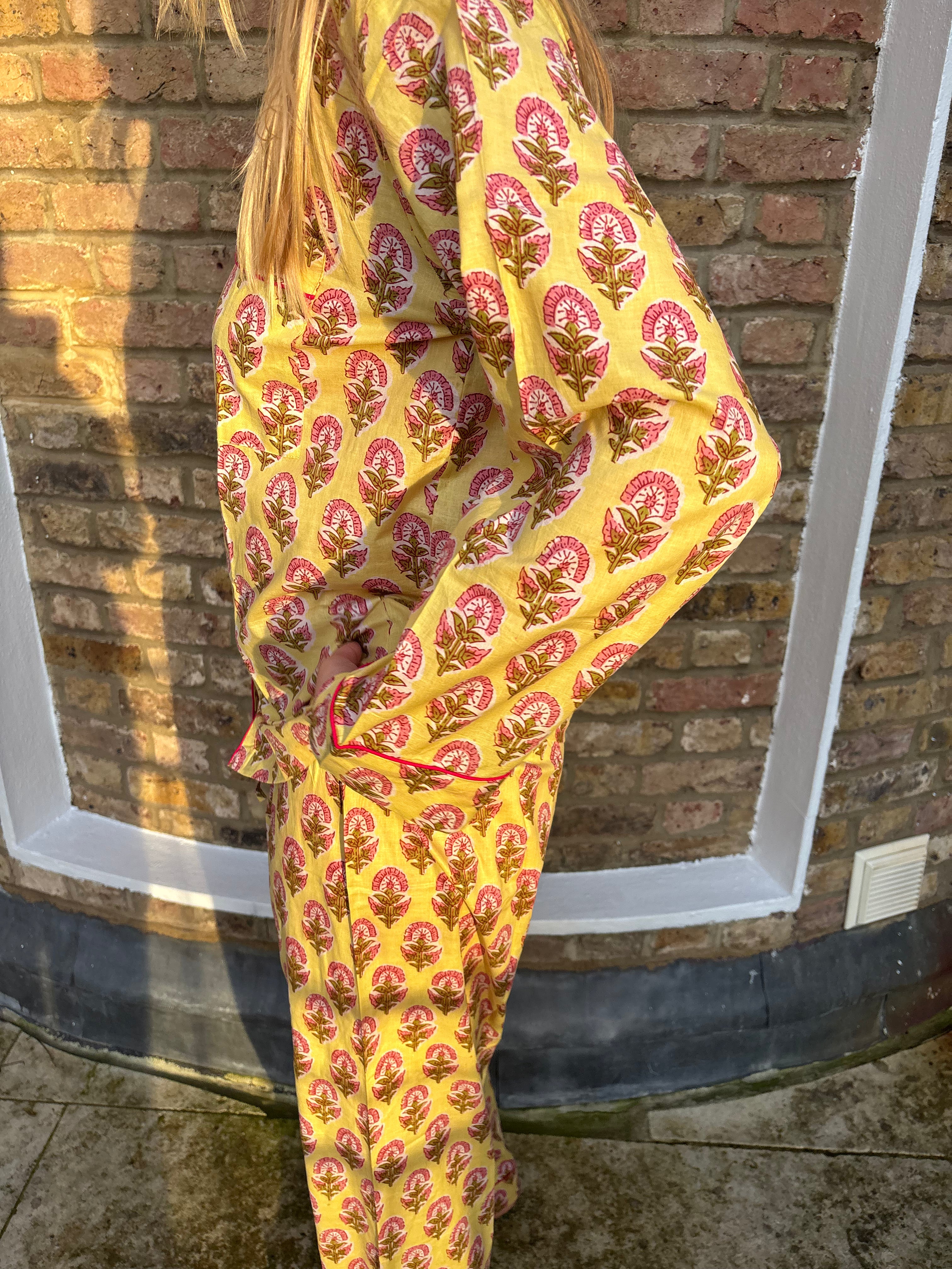 Butter Yellow Block Print Pyjama SET