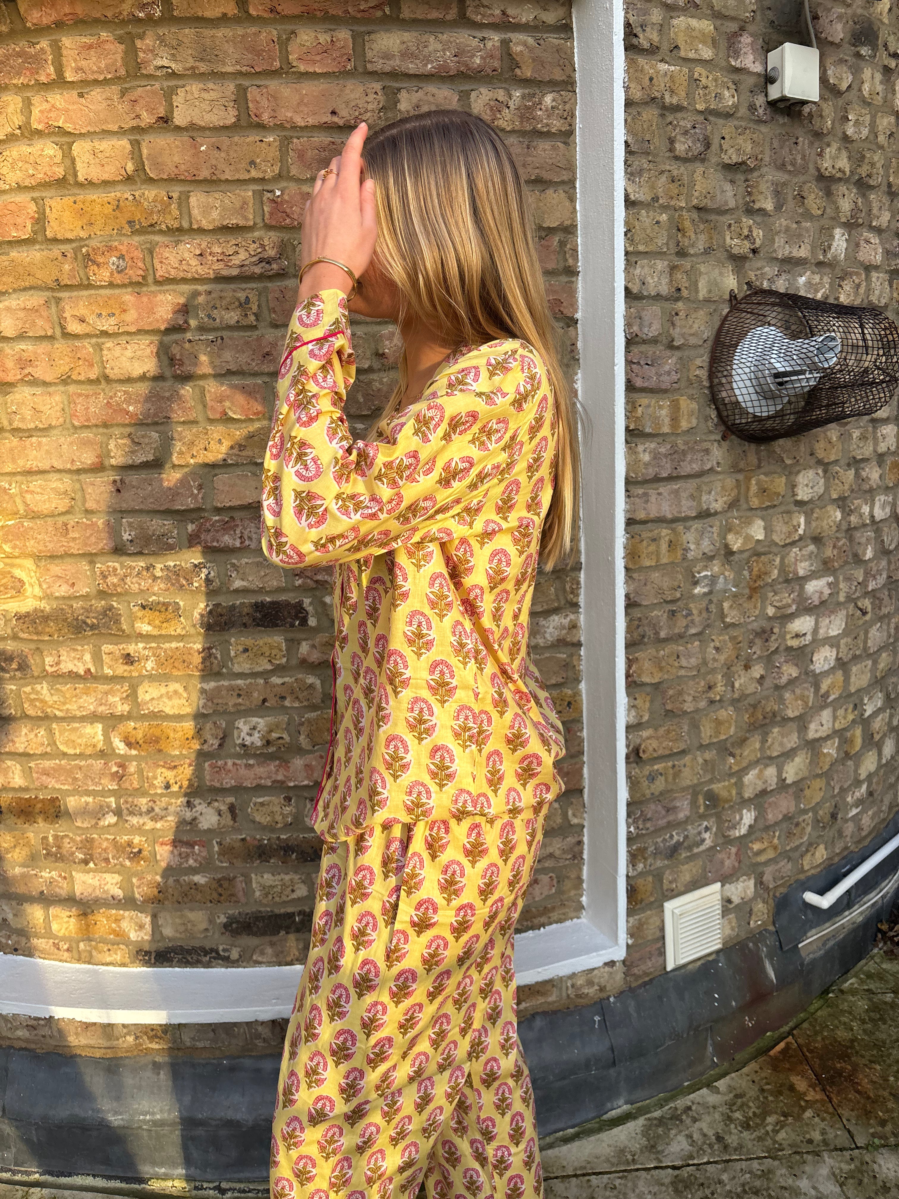 Butter Yellow Block Print Pyjama SET