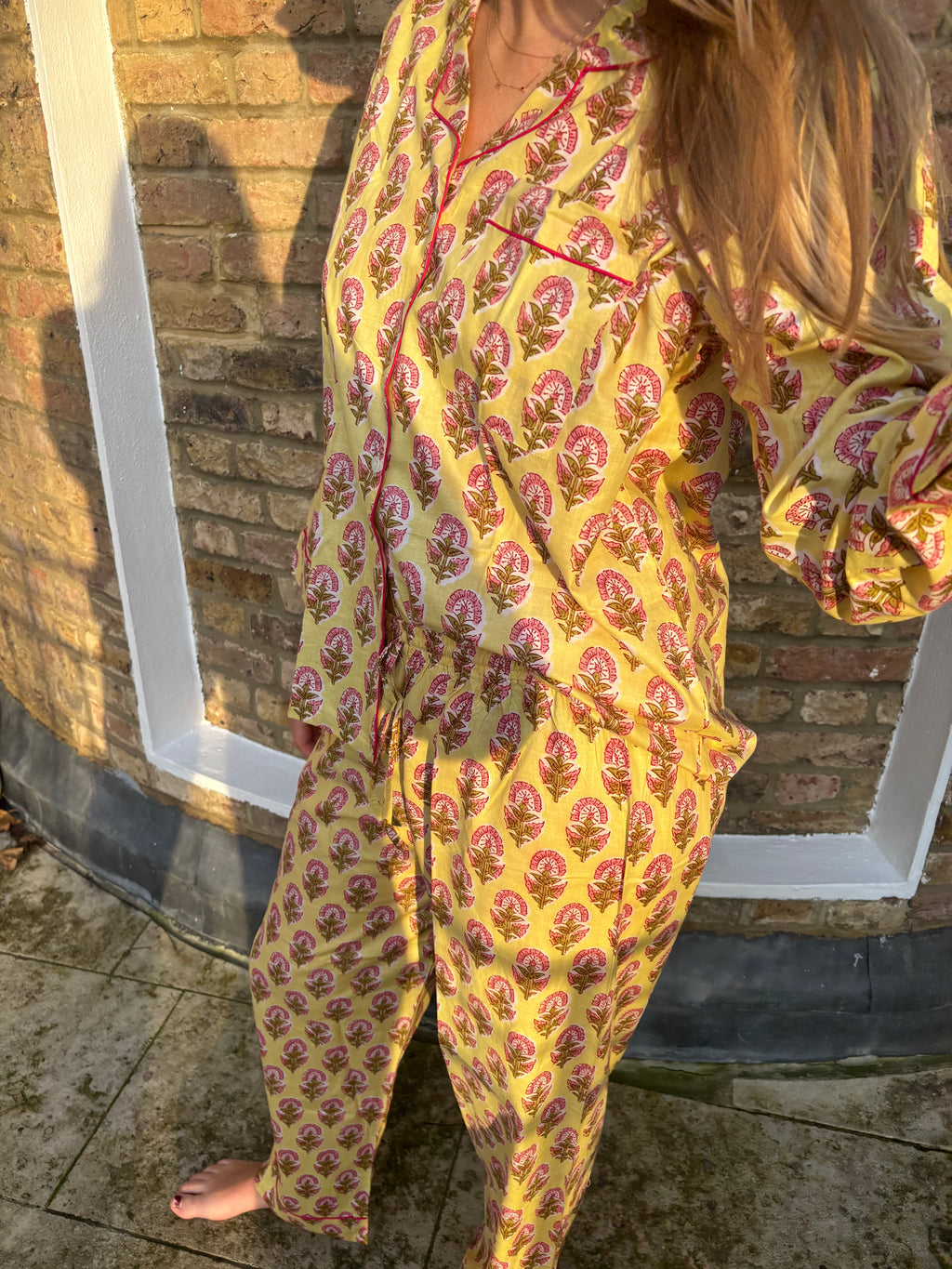 Butter Yellow Block Print Pyjama SET
