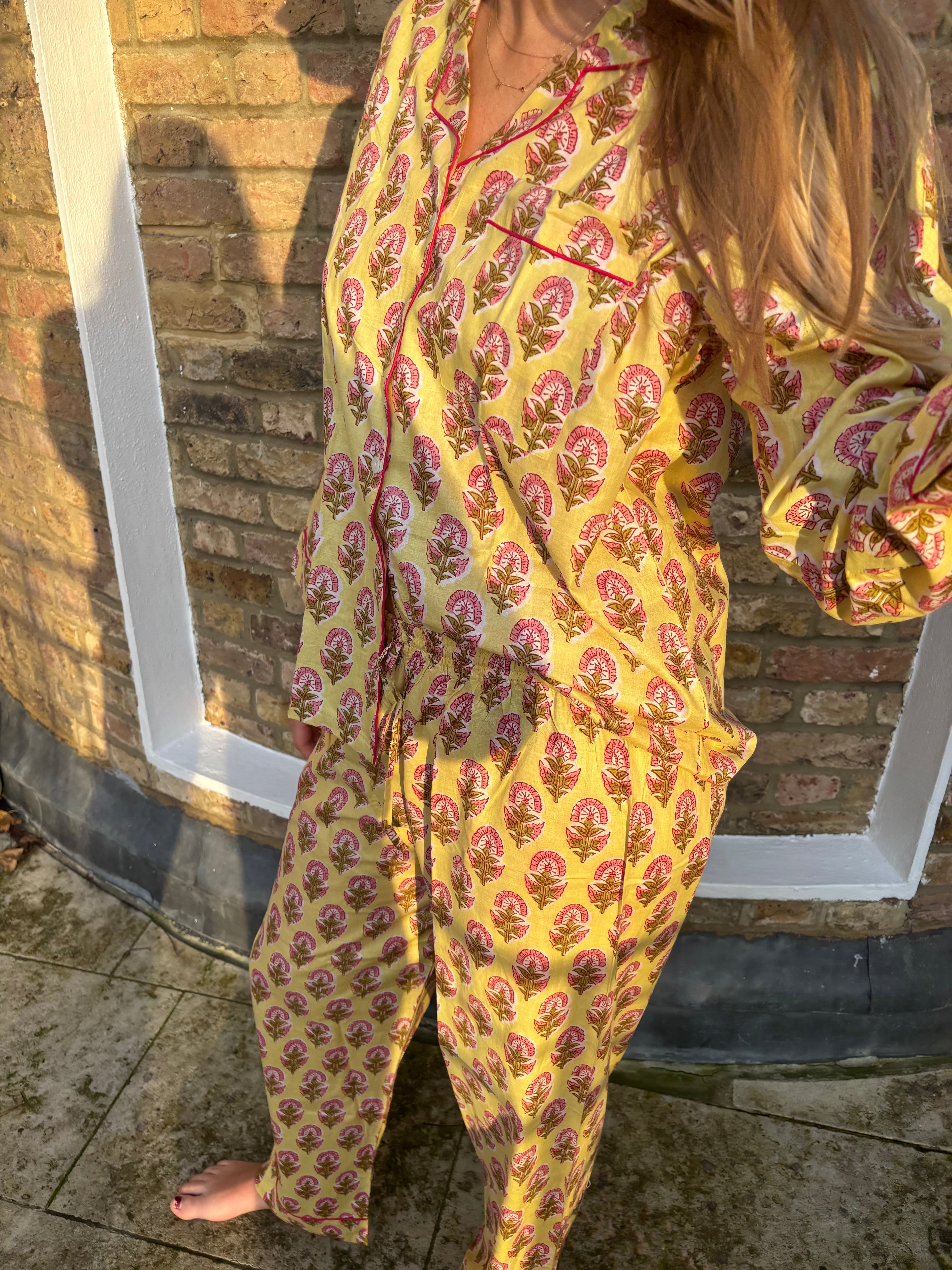 Butter Yellow Block Print Pyjama SET