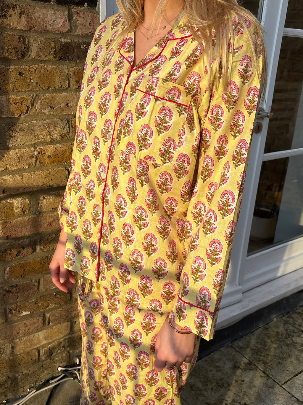 Butter Yellow Block Print Pyjama SET