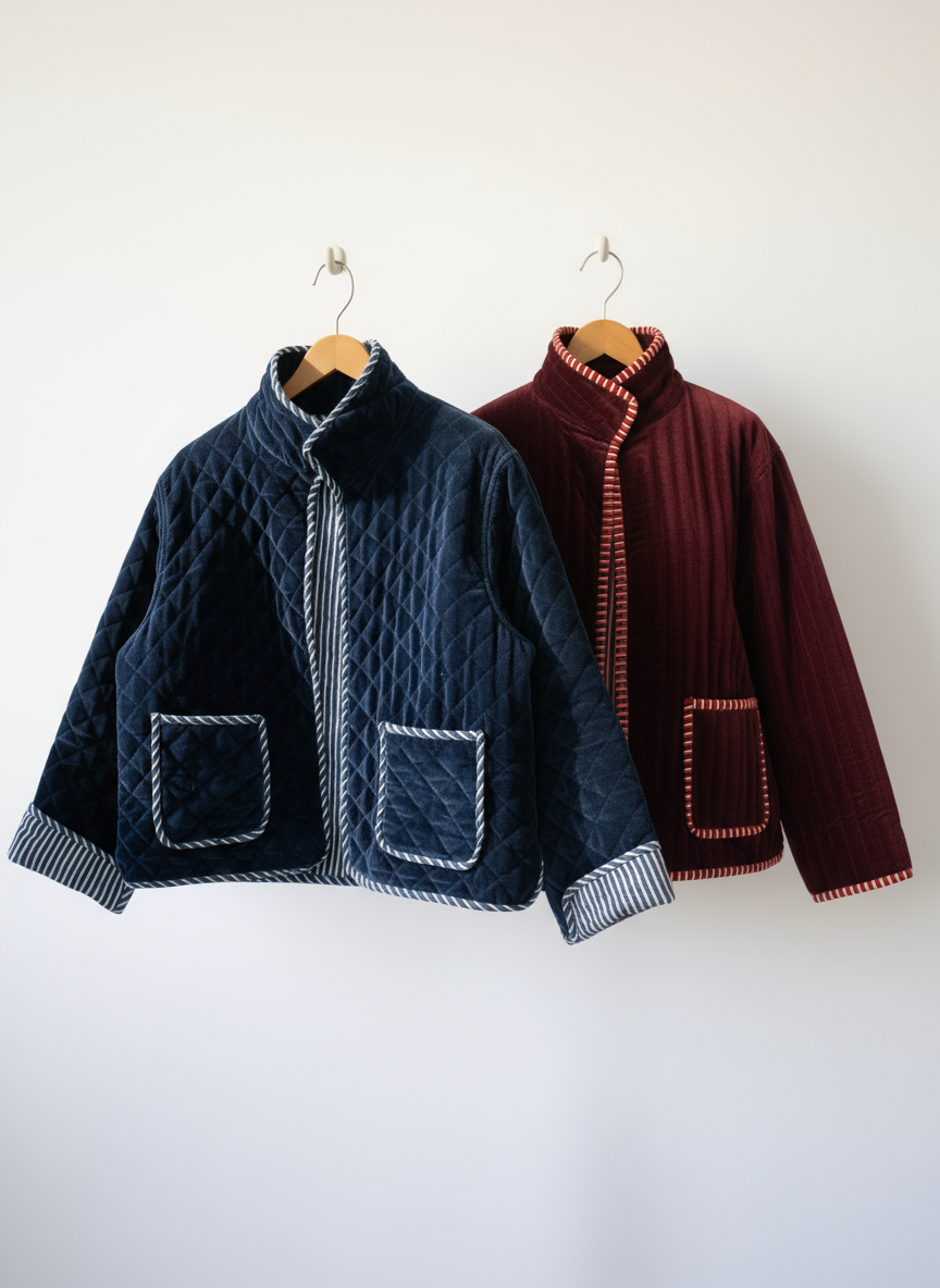Navy and burgundy velvet jackets photographed together